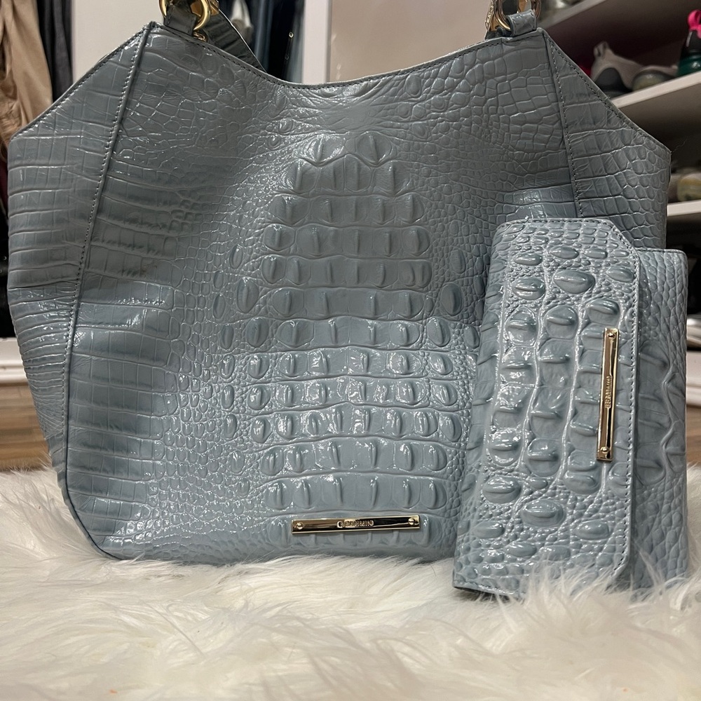 Elegant Baby Blue Crocodile-Embossed Bag and Wallet Set